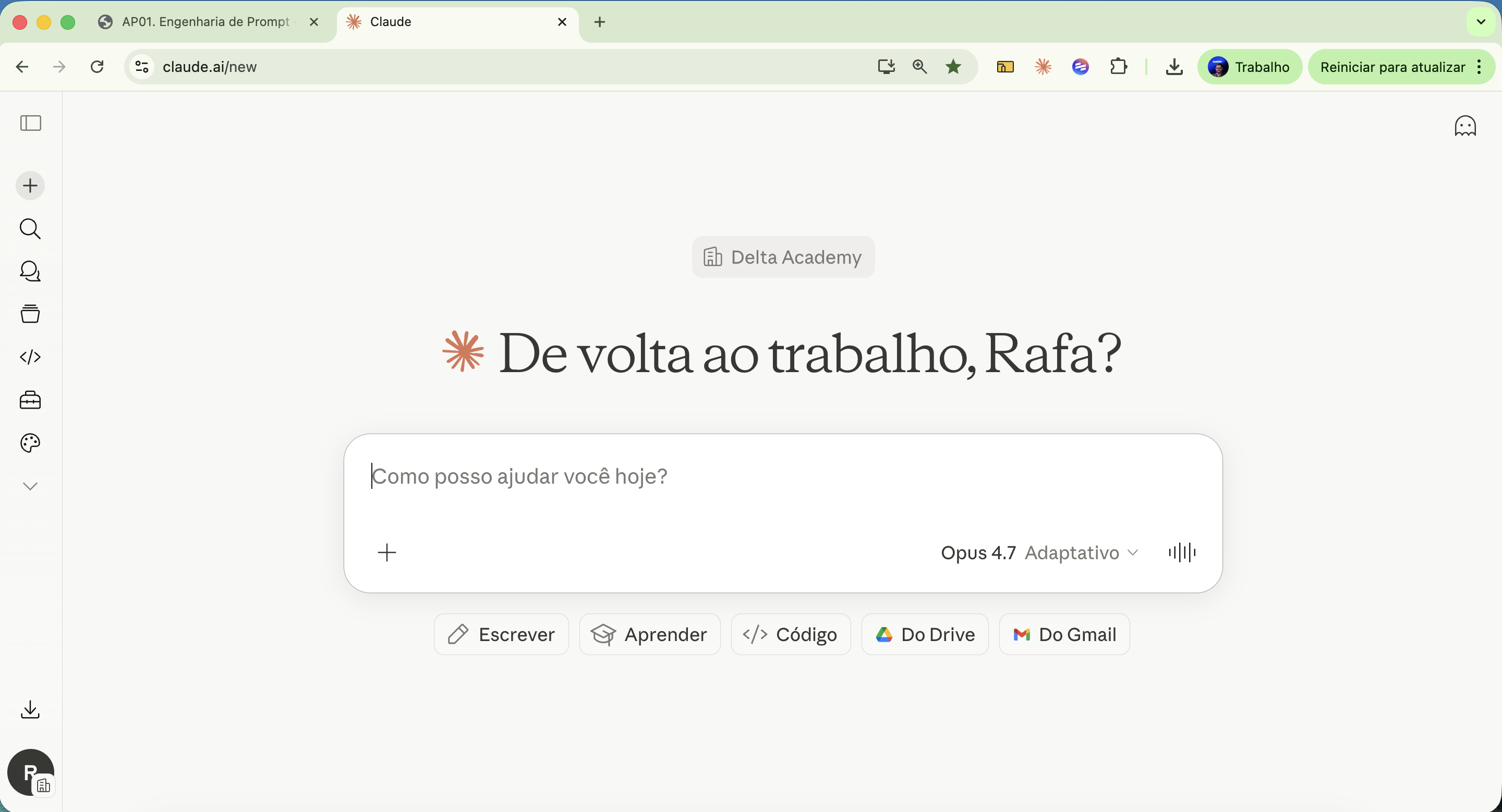Tela inicial do Claude após login