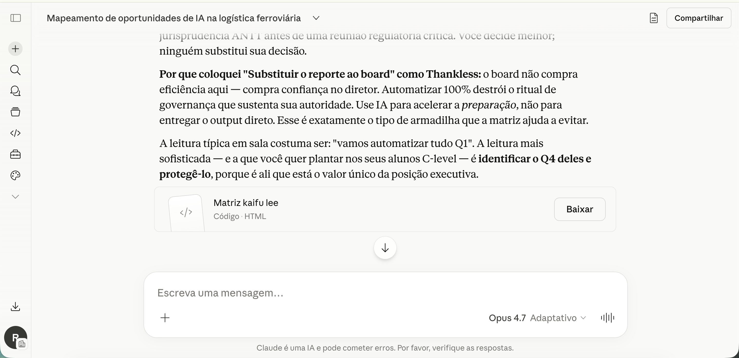 Chat do Claude da AP01 com o artefato Matriz Kai-Fu Lee visível