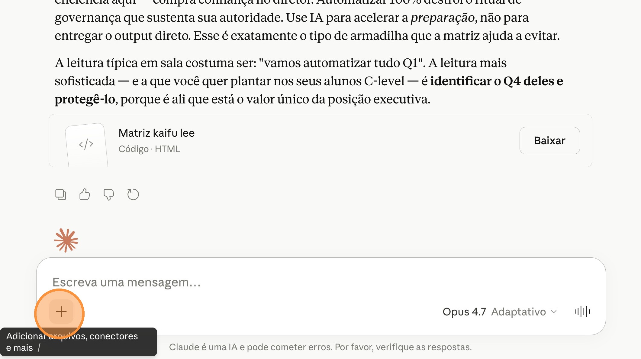 Clique no ícone + no campo de mensagem do Claude para abrir o menu de ferramentas