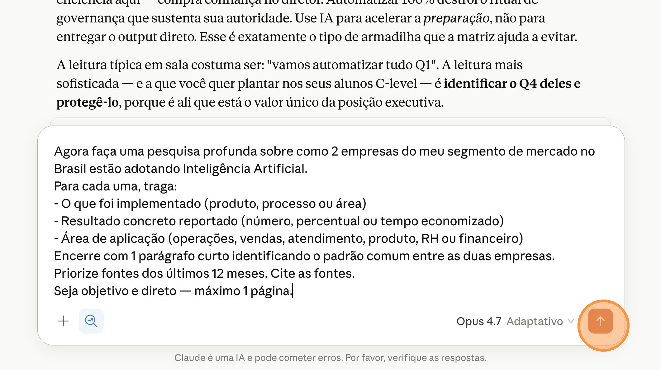 Botão de envio do Claude destacado, pronto para iniciar Deep Research