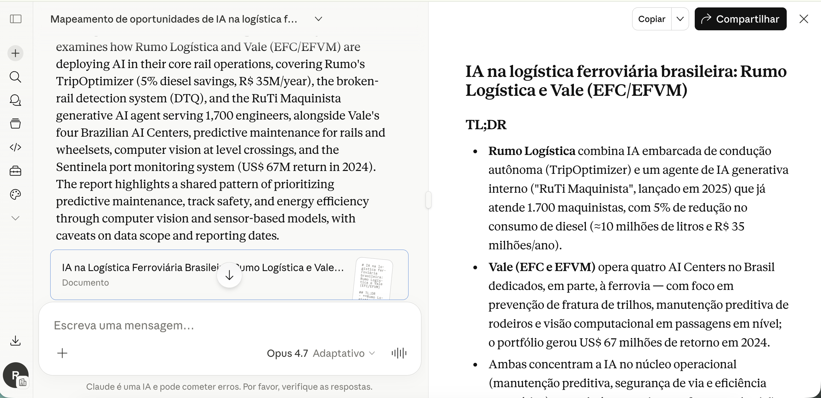 Relatório do Deep Research aberto ao lado do chat com TL;DR sobre Rumo Logística e Vale