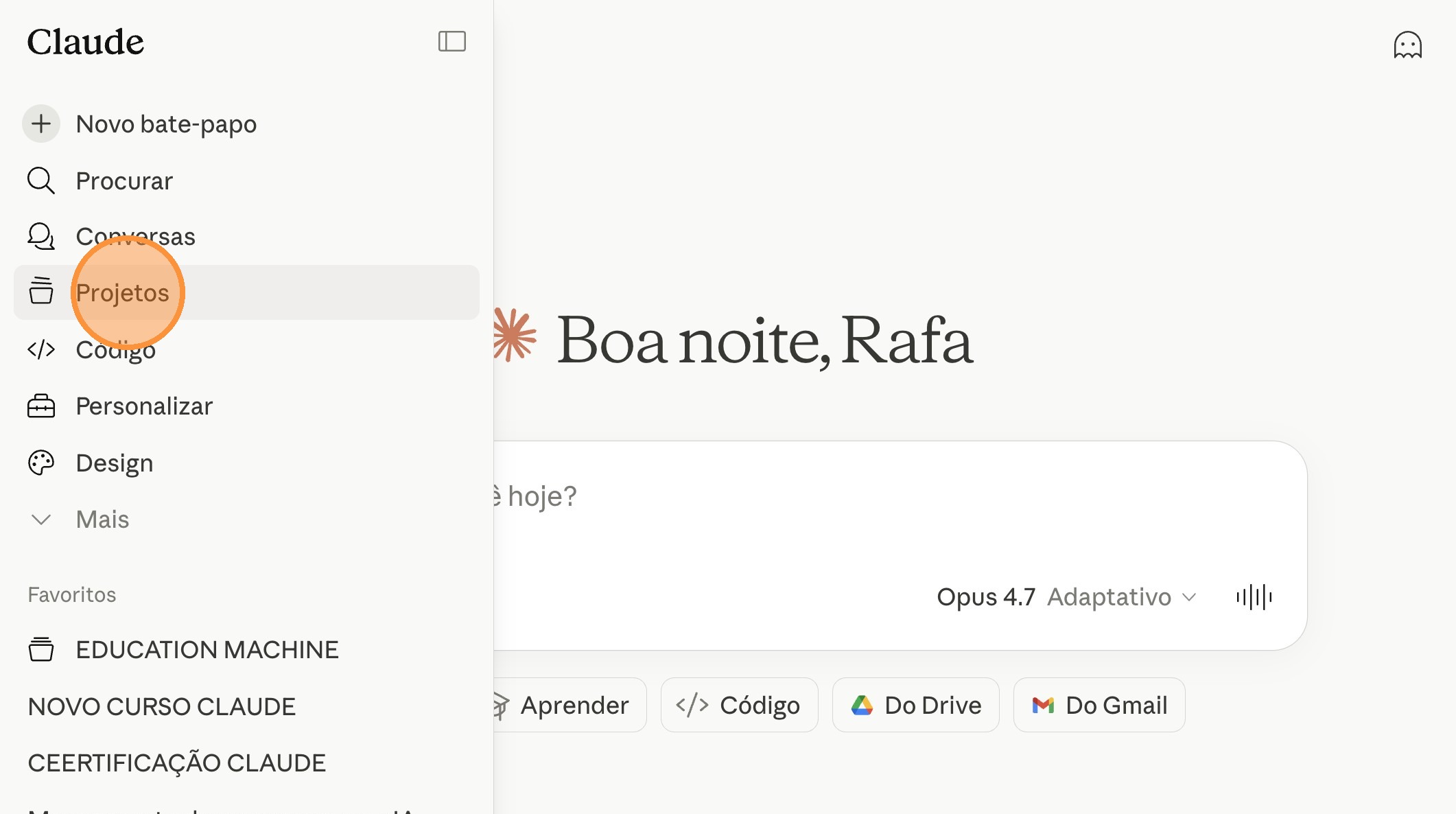 Item Projetos destacado no menu lateral