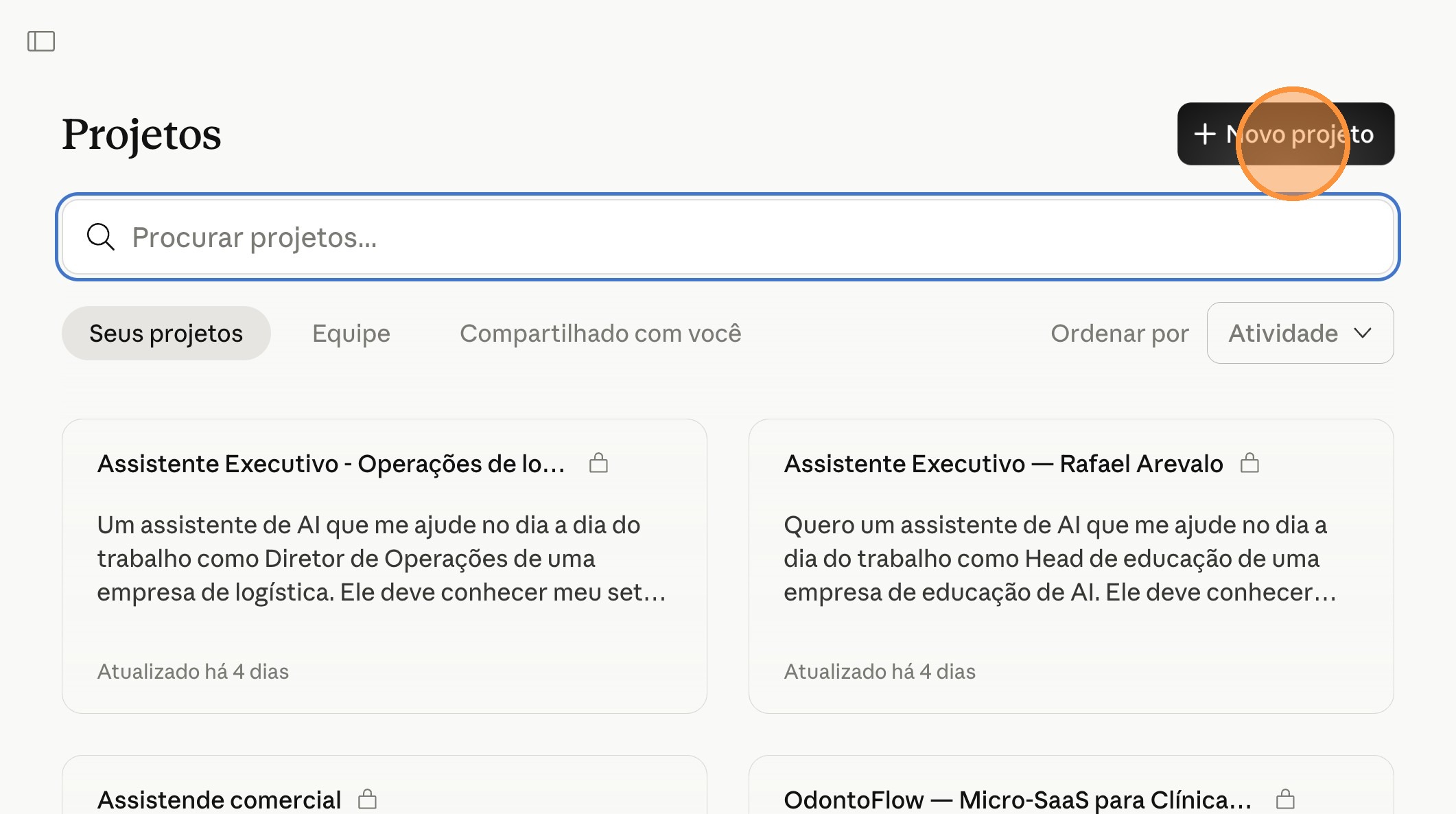 Botão Novo projeto destacado na área de Projects