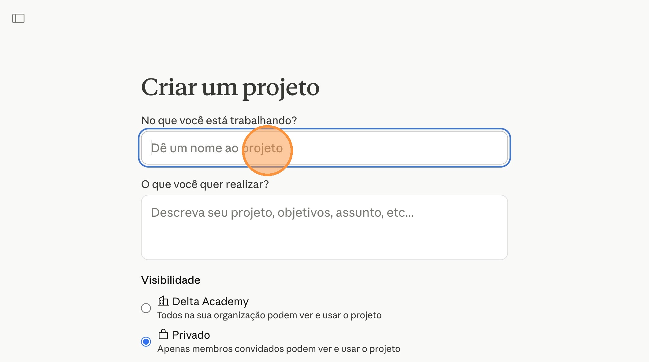 Campo No que você está trabalhando? destacado, pronto para receber o nome