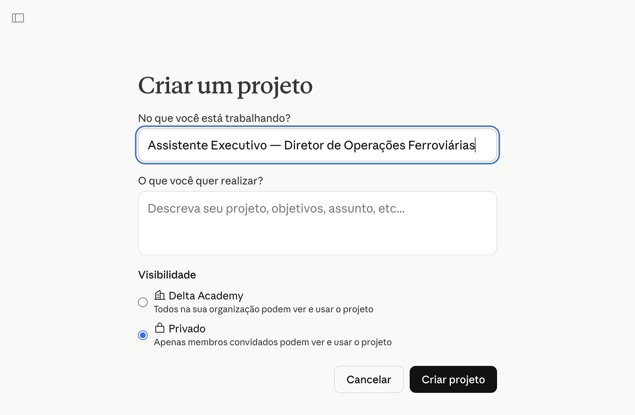 Campo preenchido com o nome do Project após Cmd+V