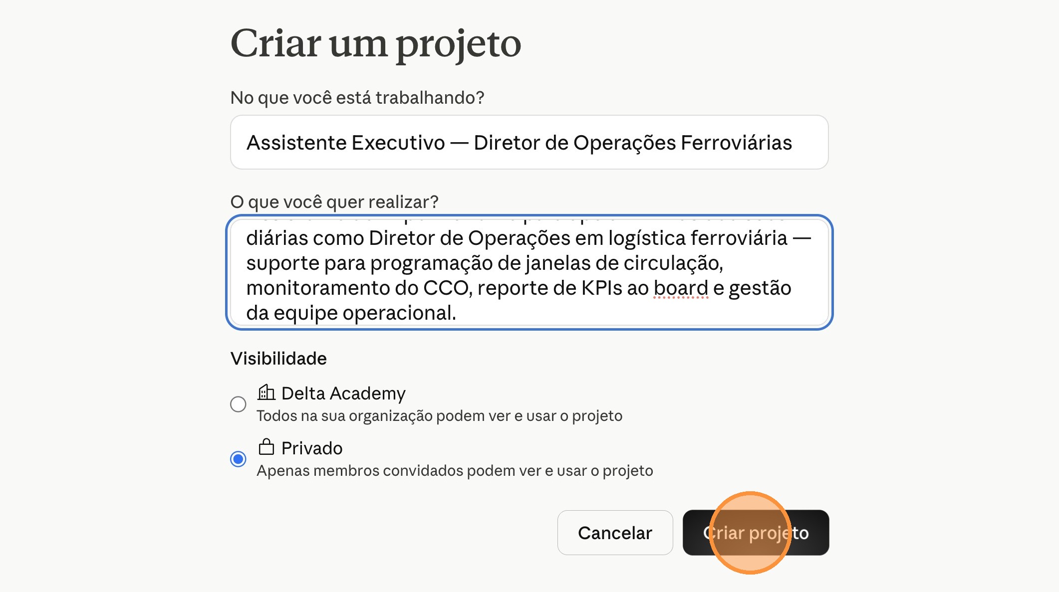 Botão Criar projeto destacado no formulário