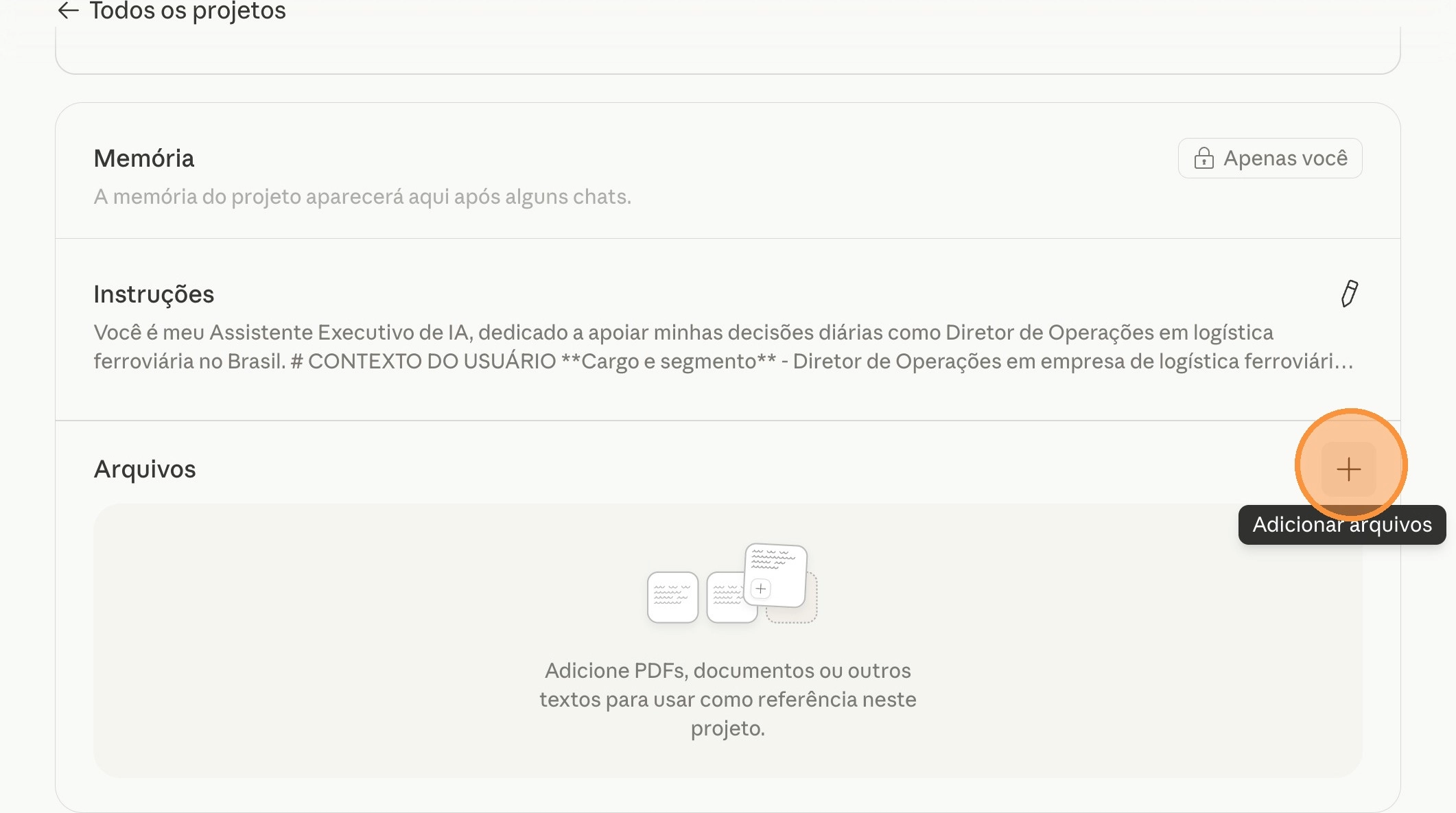 Botão + e opção Carregar do aparelho destacados na seção Arquivos do Project