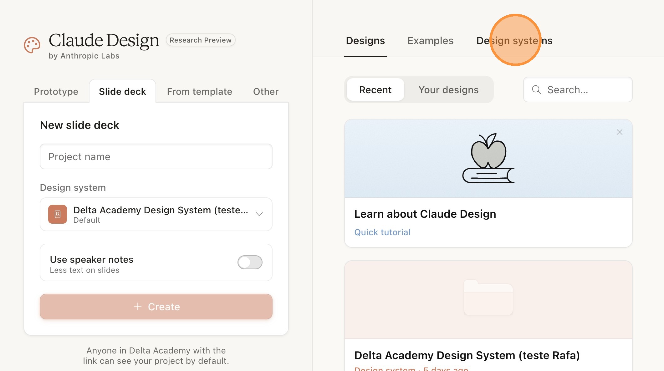 Tela inicial do Claude Design com a aba Design systems destacada