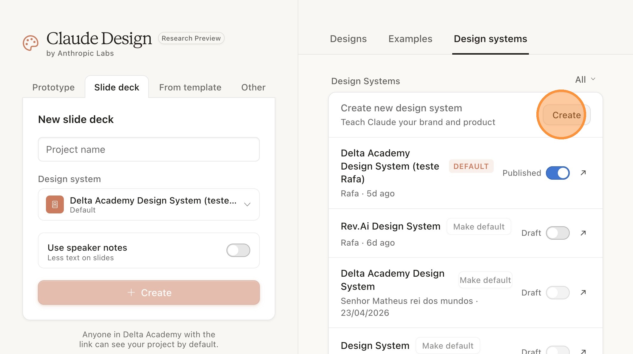 Botão Create destacado na seção de criação de Design System