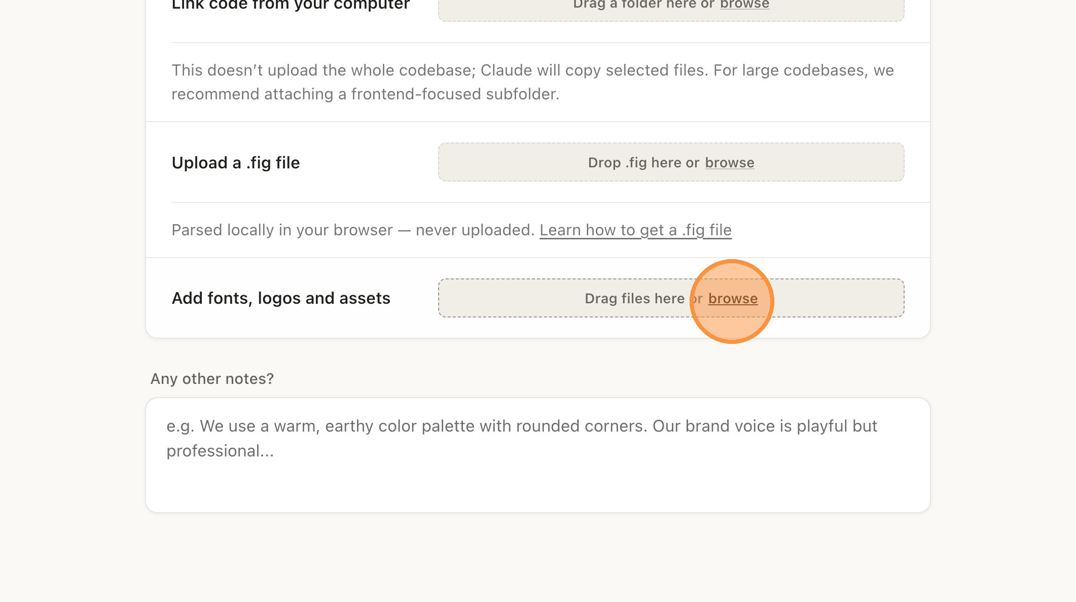 Botão browse destacado na área de upload de fontes, logos e assets