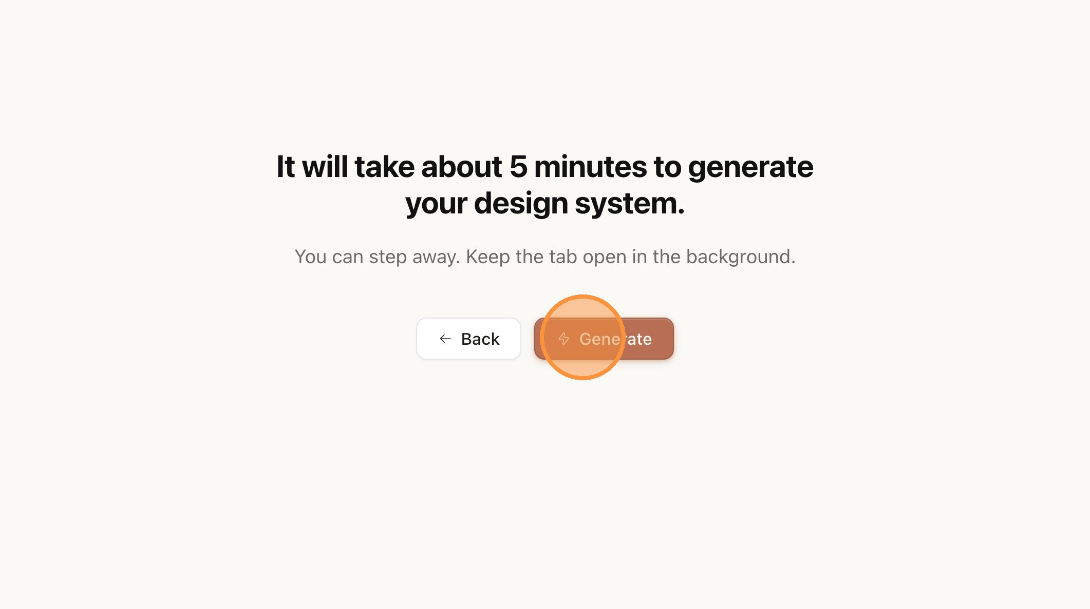 Botão Generate destacado para iniciar a geração do Design System