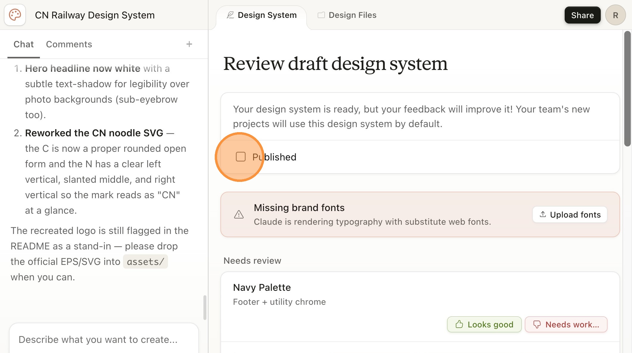 Checkbox Published marcado no topo do Design System