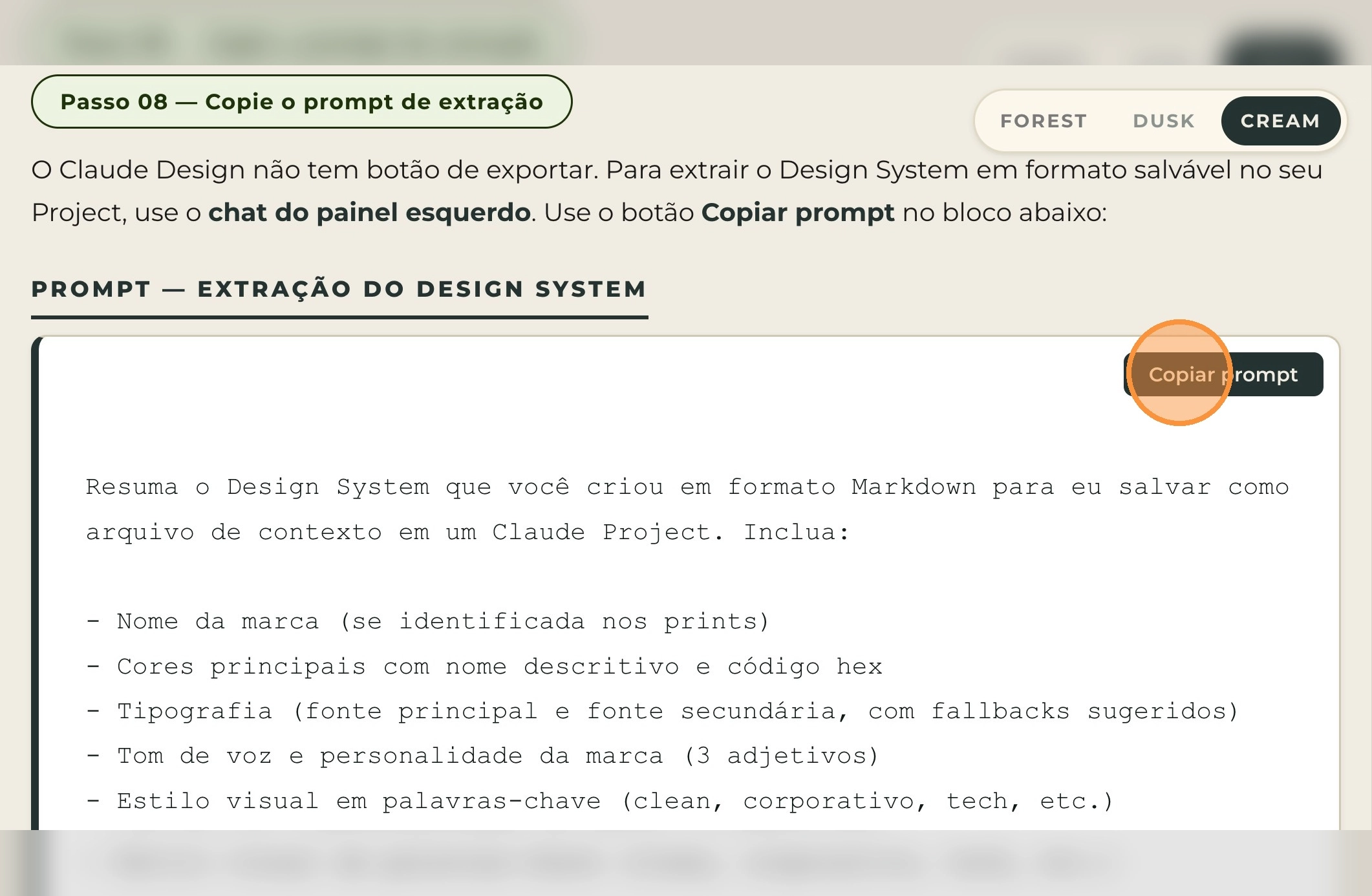 Prompt de extração colado no chat do Claude Design seguido do envio