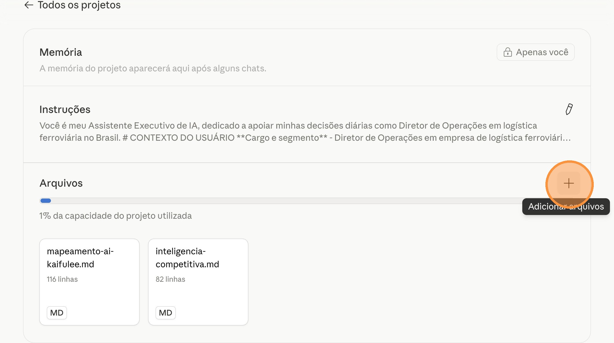 Botão + para adicionar arquivos destacado dentro do Project