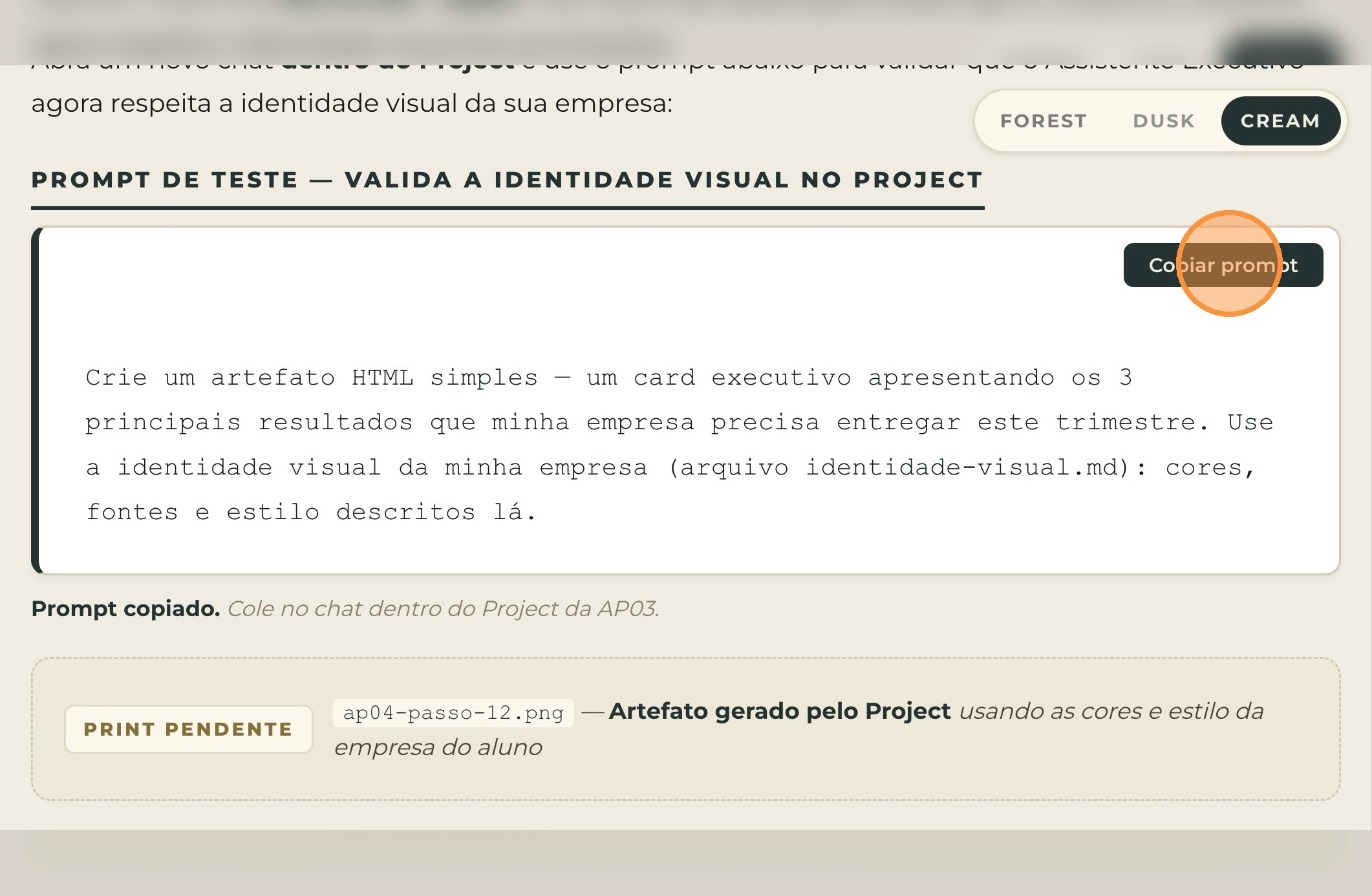 Prompt de teste colado no chat do Project com modelo Sonnet 4.6 selecionado